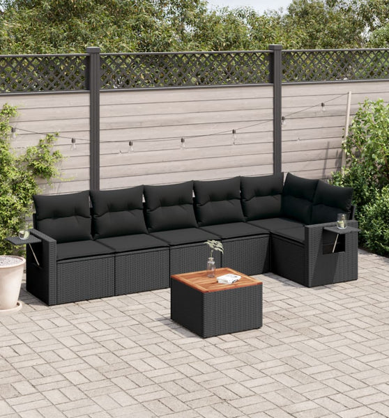 7-tlg. Garten-Sofagarnitur mit Kissen Schwarz Poly Rattan