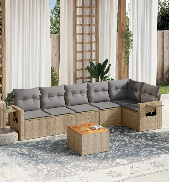 7-tlg. Garten-Sofagarnitur mit Kissen Beige Poly Rattan