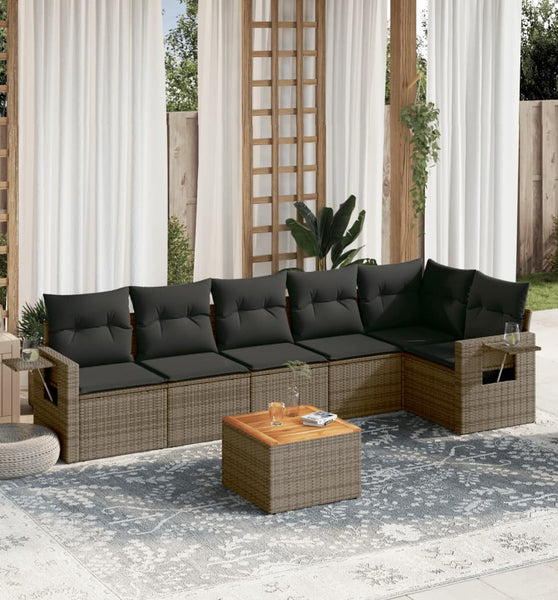 7-tlg. Garten-Sofagarnitur mit Kissen Grau Poly Rattan