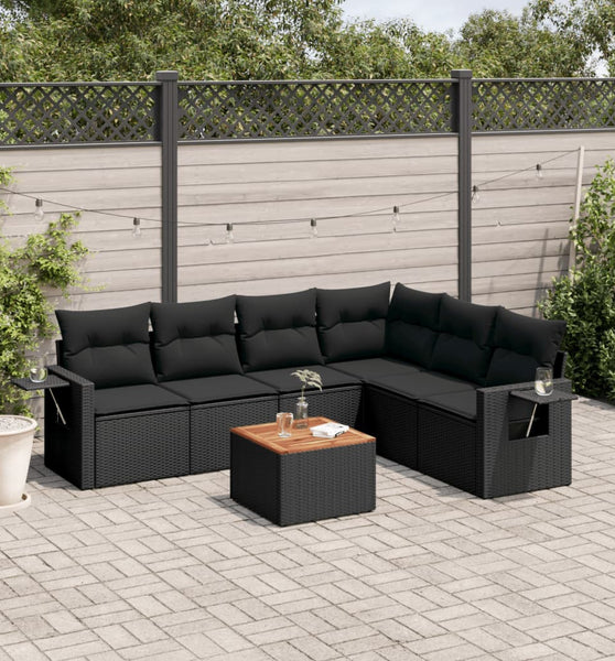 7-tlg. Garten-Sofagarnitur mit Kissen Schwarz Poly Rattan