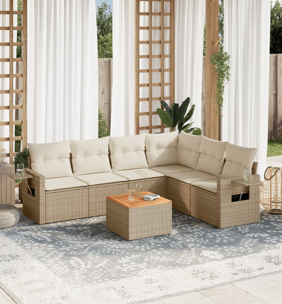 7-tlg. Garten-Sofagarnitur mit Kissen Beige Poly Rattan