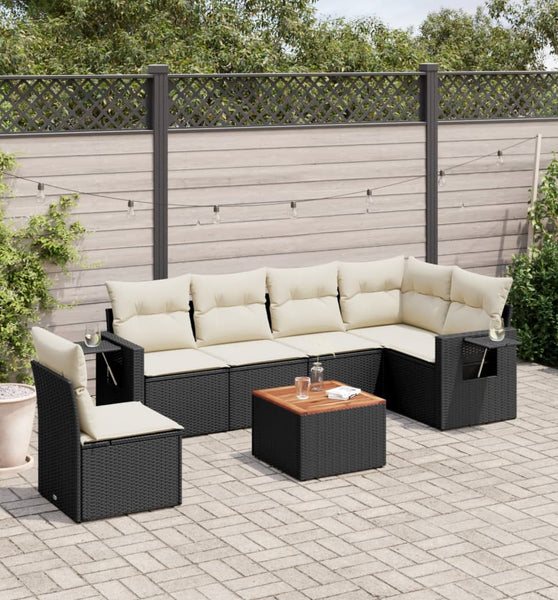 7-tlg. Garten-Sofagarnitur mit Kissen Schwarz Poly Rattan