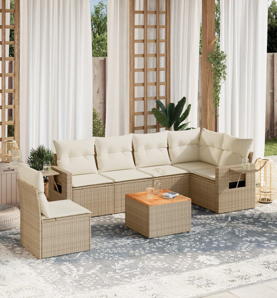 7-tlg. Garten-Sofagarnitur mit Kissen Beige Poly Rattan