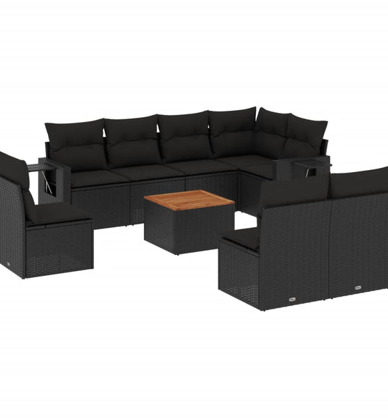 9-tlg. Garten-Sofagarnitur mit Kissen Schwarz Poly Rattan