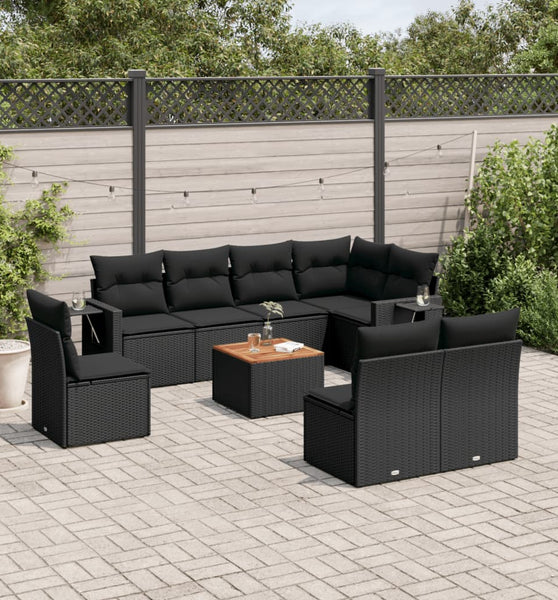 9-tlg. Garten-Sofagarnitur mit Kissen Schwarz Poly Rattan