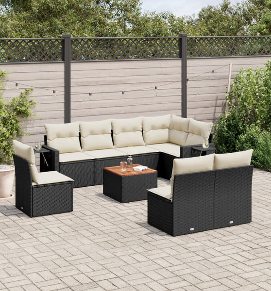 9-tlg. Garten-Sofagarnitur mit Kissen Schwarz Poly Rattan