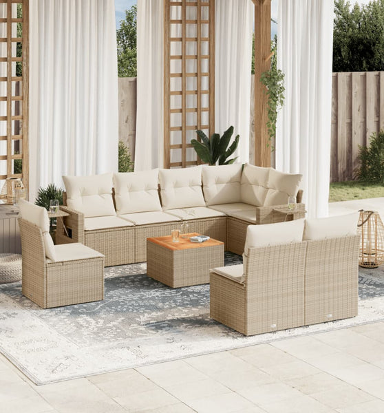 9-tlg. Garten-Sofagarnitur mit Kissen Beige Poly Rattan