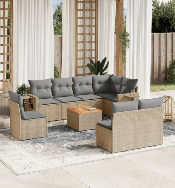 9-tlg. Garten-Sofagarnitur mit Kissen Beige Poly Rattan