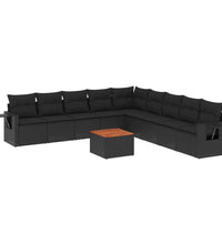 10-tlg. Garten-Sofagarnitur mit Kissen Schwarz Poly Rattan