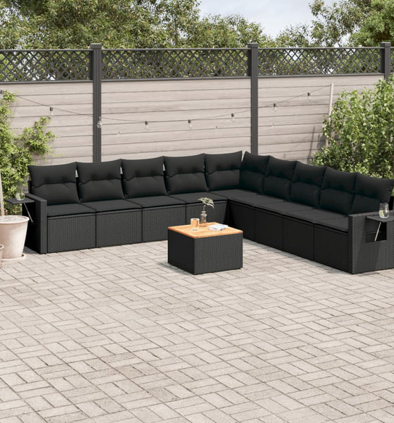 10-tlg. Garten-Sofagarnitur mit Kissen Schwarz Poly Rattan