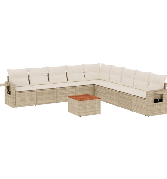 10-tlg. Garten-Sofagarnitur mit Kissen Beige Poly Rattan