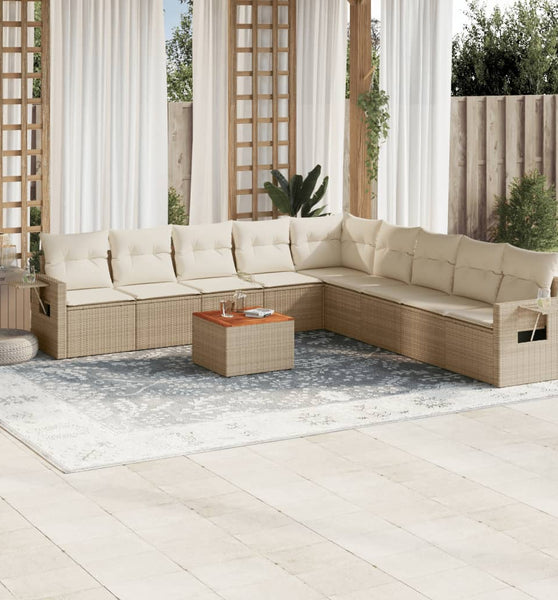 10-tlg. Garten-Sofagarnitur mit Kissen Beige Poly Rattan