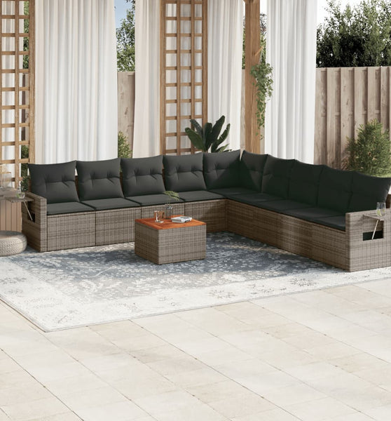 10-tlg. Garten-Sofagarnitur mit Kissen Grau Poly Rattan