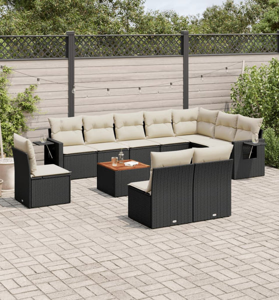 11-tlg. Garten-Sofagarnitur mit Kissen Schwarz Poly Rattan