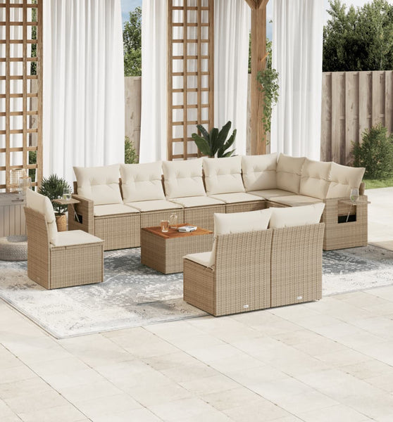 11-tlg. Garten-Sofagarnitur mit Kissen Beige Poly Rattan