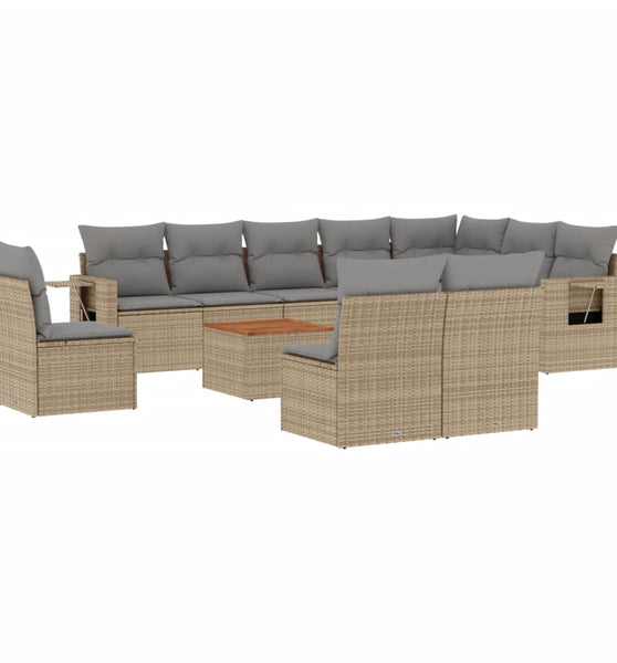 11-tlg. Garten-Sofagarnitur mit Kissen Beige Poly Rattan