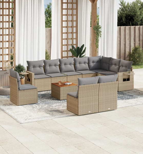 11-tlg. Garten-Sofagarnitur mit Kissen Beige Poly Rattan