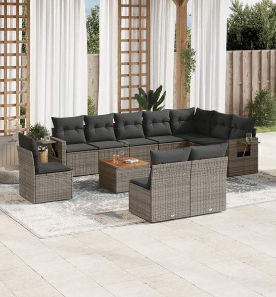 11-tlg. Garten-Sofagarnitur mit Kissen Grau Poly Rattan