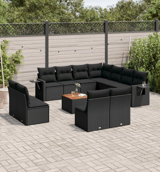 12-tlg. Garten-Sofagarnitur mit Kissen Schwarz Poly Rattan