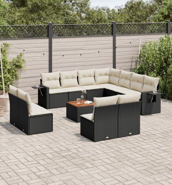 12-tlg. Garten-Sofagarnitur mit Kissen Schwarz Poly Rattan