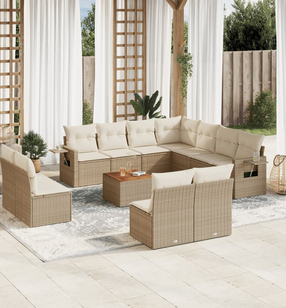 12-tlg. Garten-Sofagarnitur mit Kissen Beige Poly Rattan