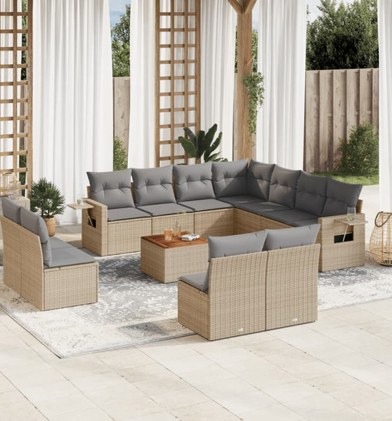 12-tlg. Garten-Sofagarnitur mit Kissen Beige Poly Rattan