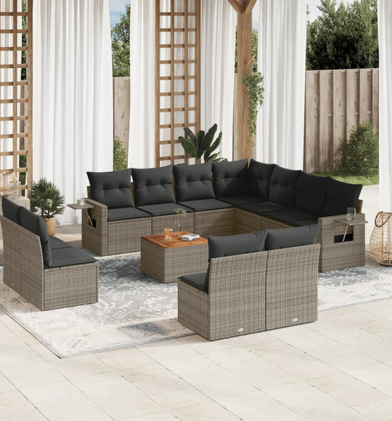 12-tlg. Garten-Sofagarnitur mit Kissen Grau Poly Rattan