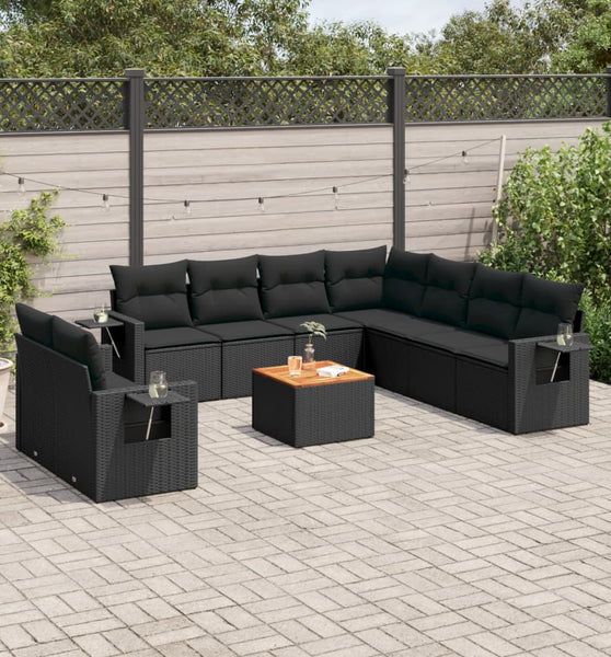 10-tlg. Garten-Sofagarnitur mit Kissen Schwarz Poly Rattan