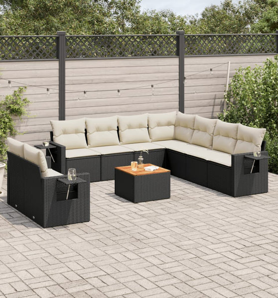 10-tlg. Garten-Sofagarnitur mit Kissen Schwarz Poly Rattan