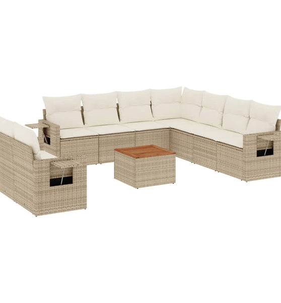 10-tlg. Garten-Sofagarnitur mit Kissen Beige Poly Rattan