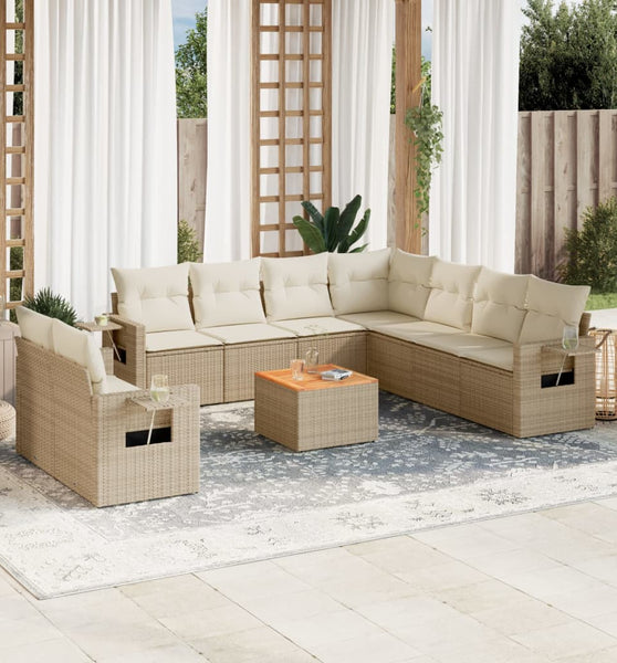 10-tlg. Garten-Sofagarnitur mit Kissen Beige Poly Rattan