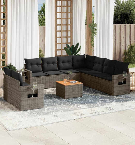 10-tlg. Garten-Sofagarnitur mit Kissen Grau Poly Rattan