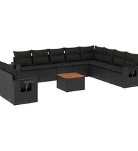 11-tlg. Garten-Sofagarnitur mit Kissen Schwarz Poly Rattan