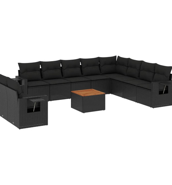 11-tlg. Garten-Sofagarnitur mit Kissen Schwarz Poly Rattan