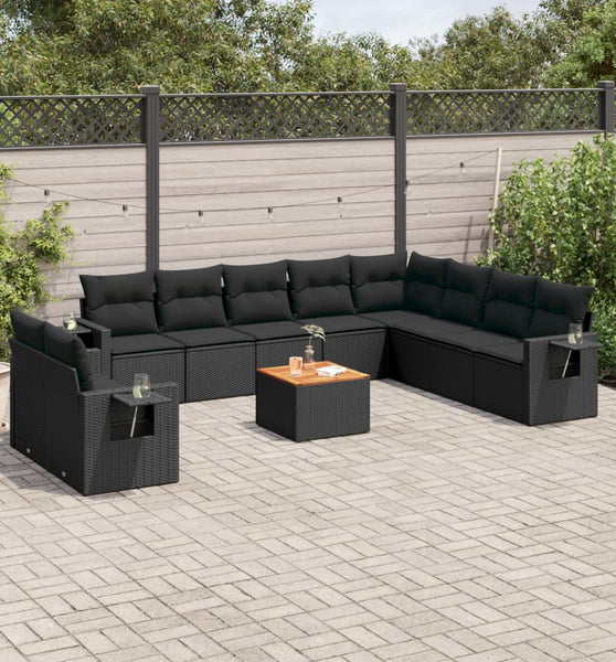 11-tlg. Garten-Sofagarnitur mit Kissen Schwarz Poly Rattan