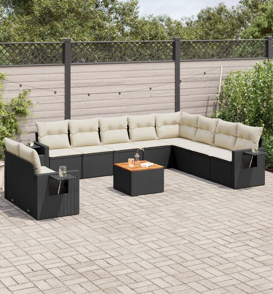 11-tlg. Garten-Sofagarnitur mit Kissen Schwarz Poly Rattan