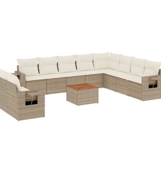 11-tlg. Garten-Sofagarnitur mit Kissen Beige Poly Rattan