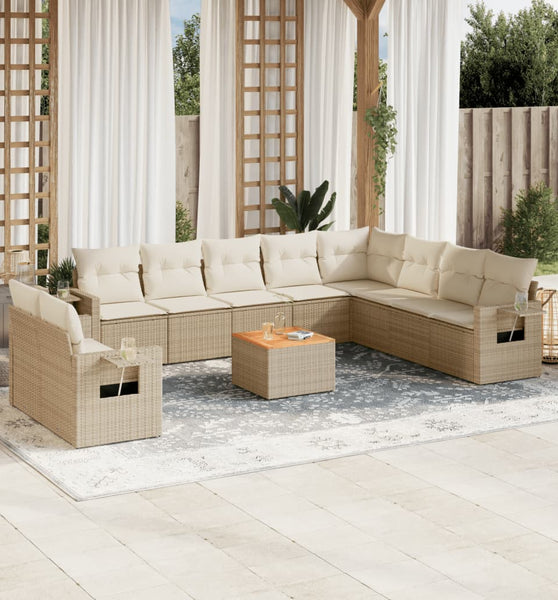 11-tlg. Garten-Sofagarnitur mit Kissen Beige Poly Rattan