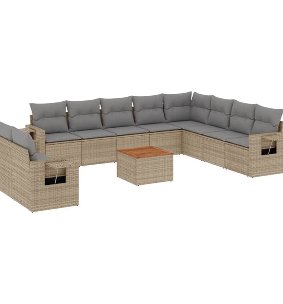 11-tlg. Garten-Sofagarnitur mit Kissen Beige Poly Rattan