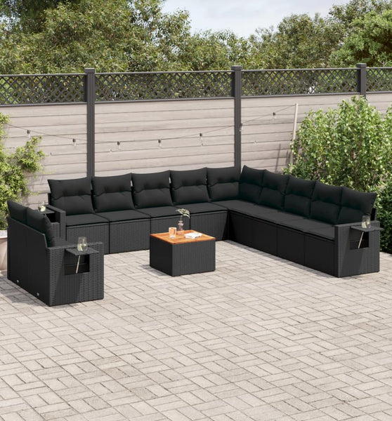 12-tlg. Garten-Sofagarnitur mit Kissen Schwarz Poly Rattan