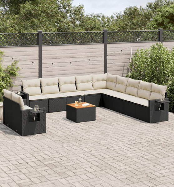 12-tlg. Garten-Sofagarnitur mit Kissen Schwarz Poly Rattan