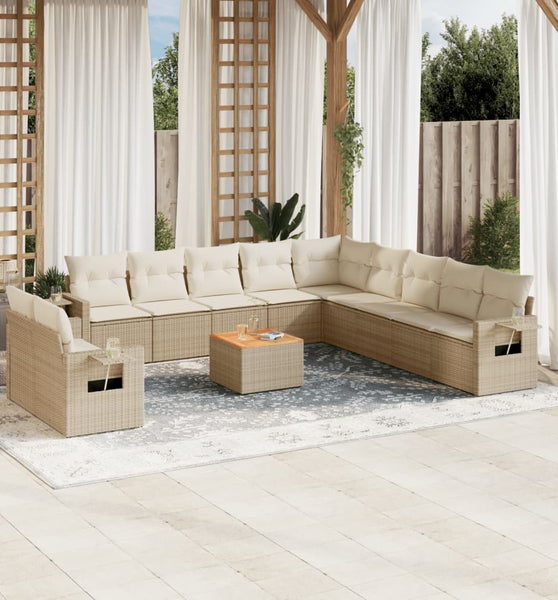 12-tlg. Garten-Sofagarnitur mit Kissen Beige Poly Rattan