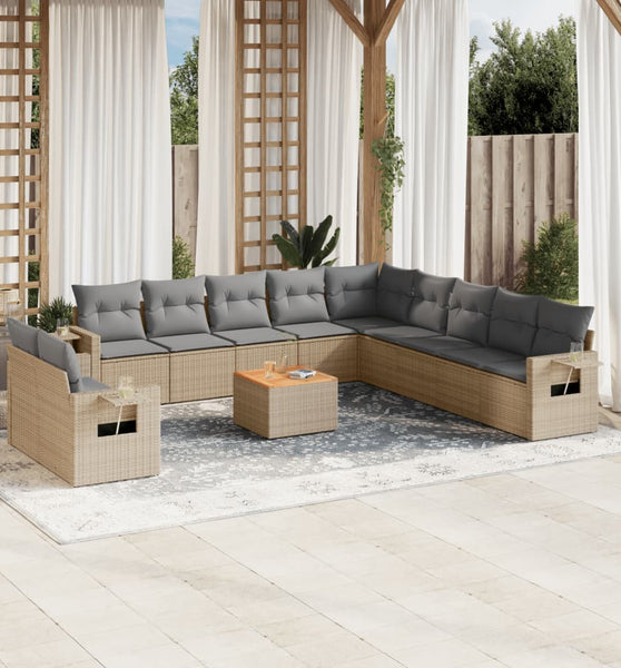 12-tlg. Garten-Sofagarnitur mit Kissen Beige Poly Rattan