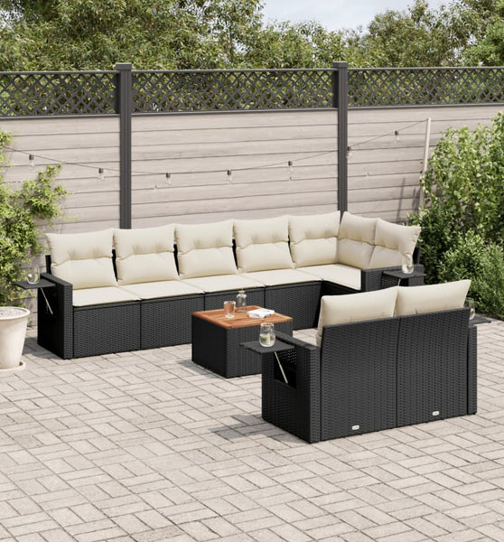 9-tlg. Garten-Sofagarnitur mit Kissen Schwarz Poly Rattan