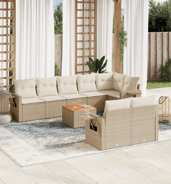 9-tlg. Garten-Sofagarnitur mit Kissen Beige Poly Rattan