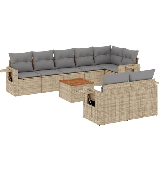 9-tlg. Garten-Sofagarnitur mit Kissen Beige Poly Rattan