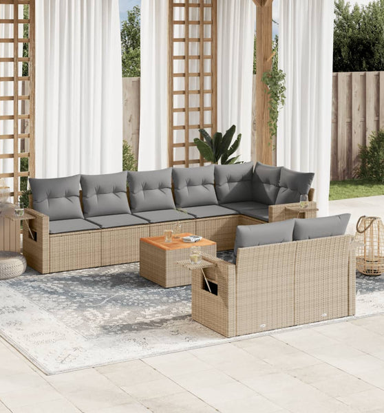 9-tlg. Garten-Sofagarnitur mit Kissen Beige Poly Rattan