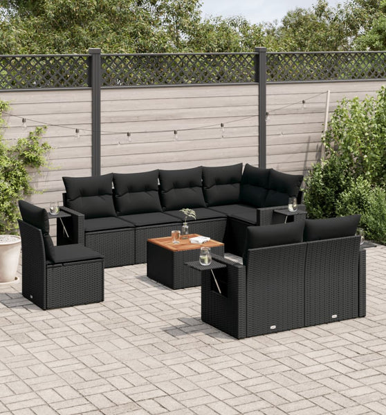 9-tlg. Garten-Sofagarnitur mit Kissen Schwarz Poly Rattan