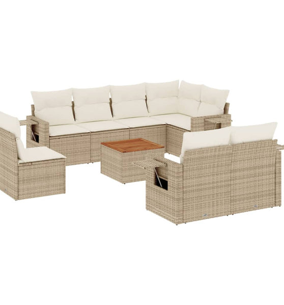 9-tlg. Garten-Sofagarnitur mit Kissen Beige Poly Rattan