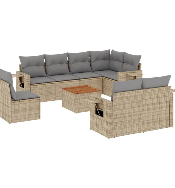 9-tlg. Garten-Sofagarnitur mit Kissen Beige Poly Rattan